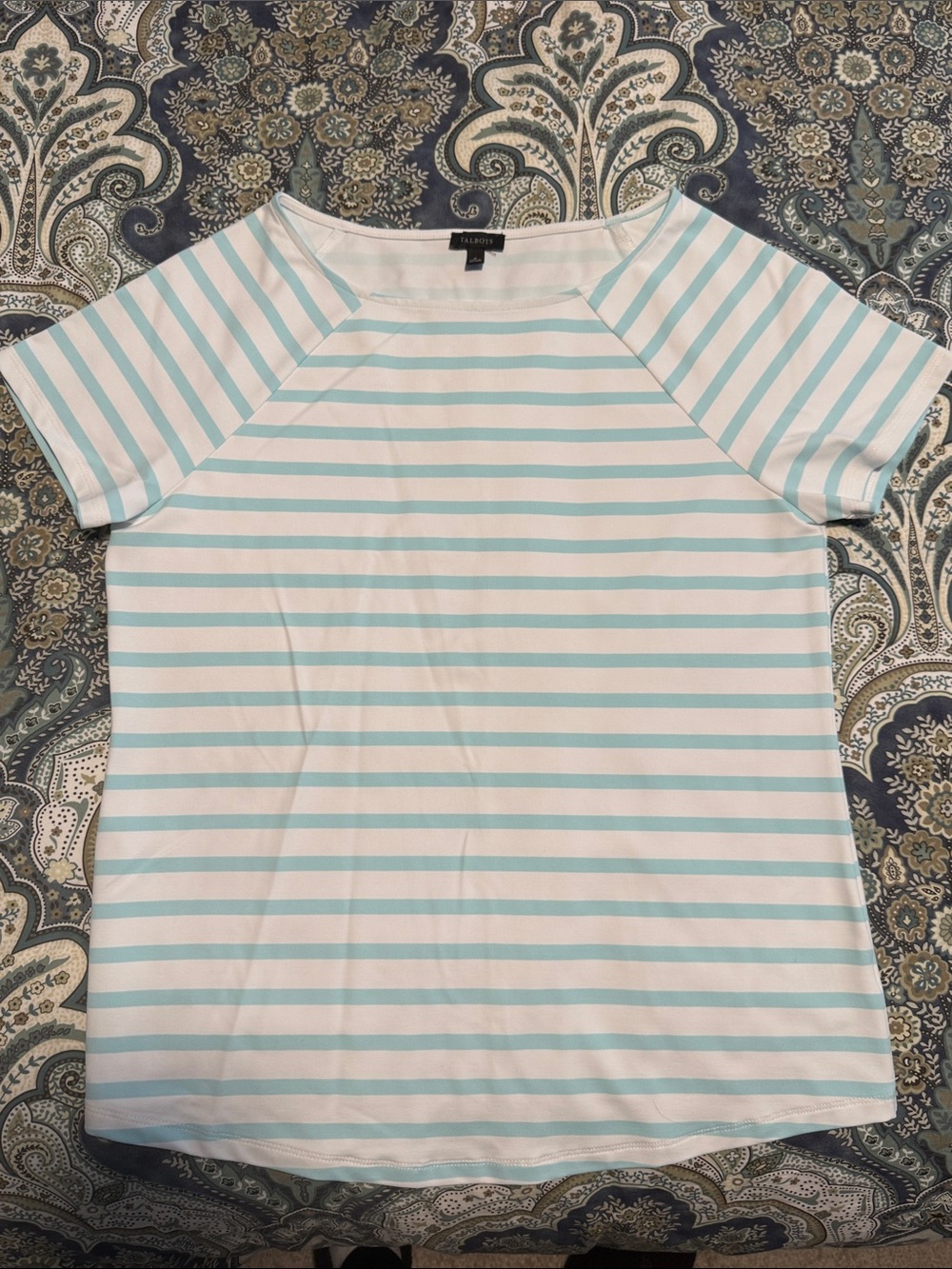 Talbots White and Aqua Striped Short Sleeve Top